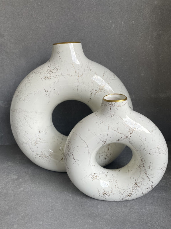 Keramik Kreisförmige Donut Vase 2er Set White/Gold Hochglanz