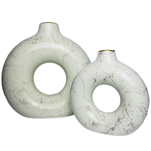 Keramik Kreisförmige Donut Vase 2er Set White/Gold Hochglanz